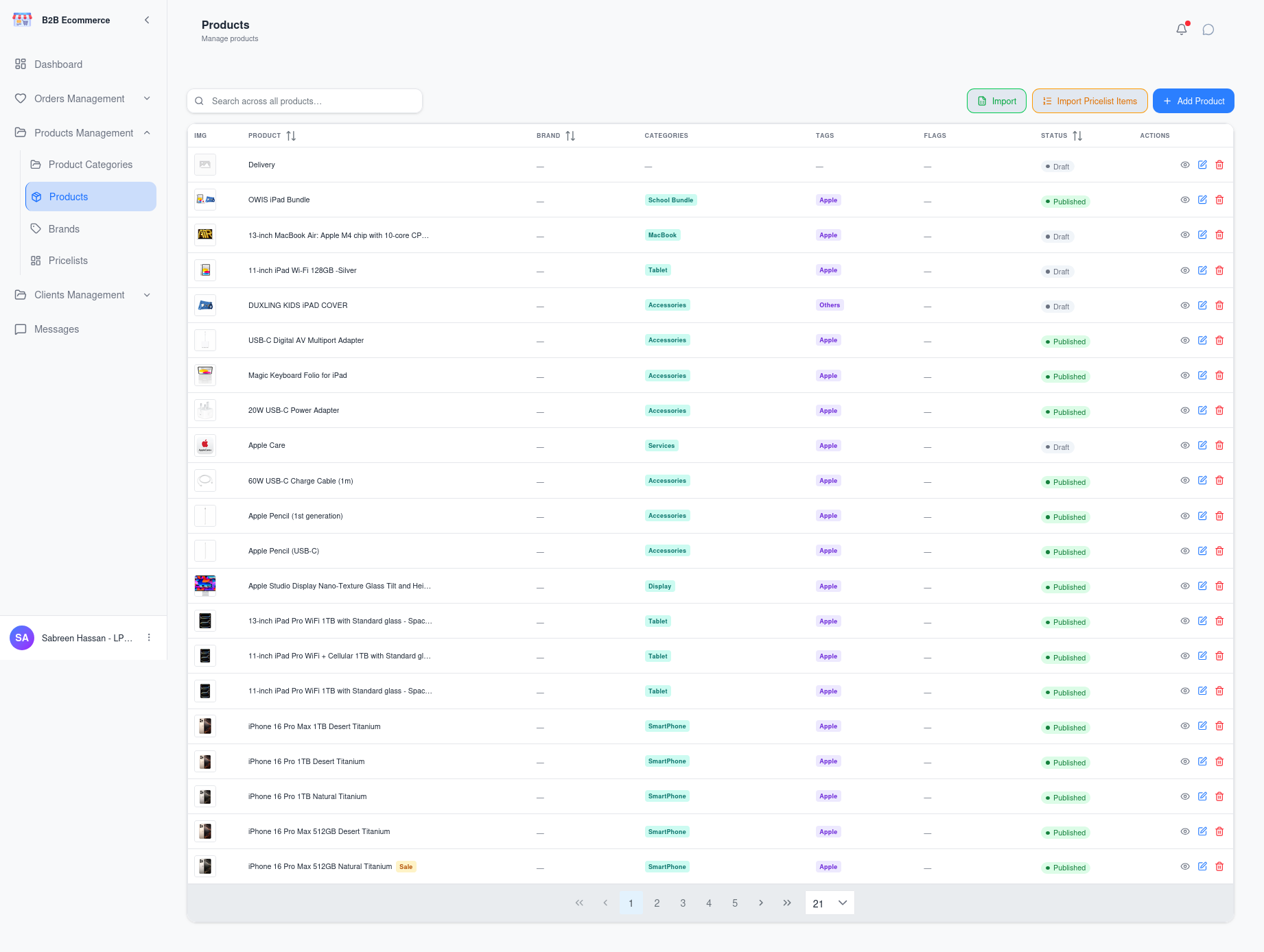 Products screen